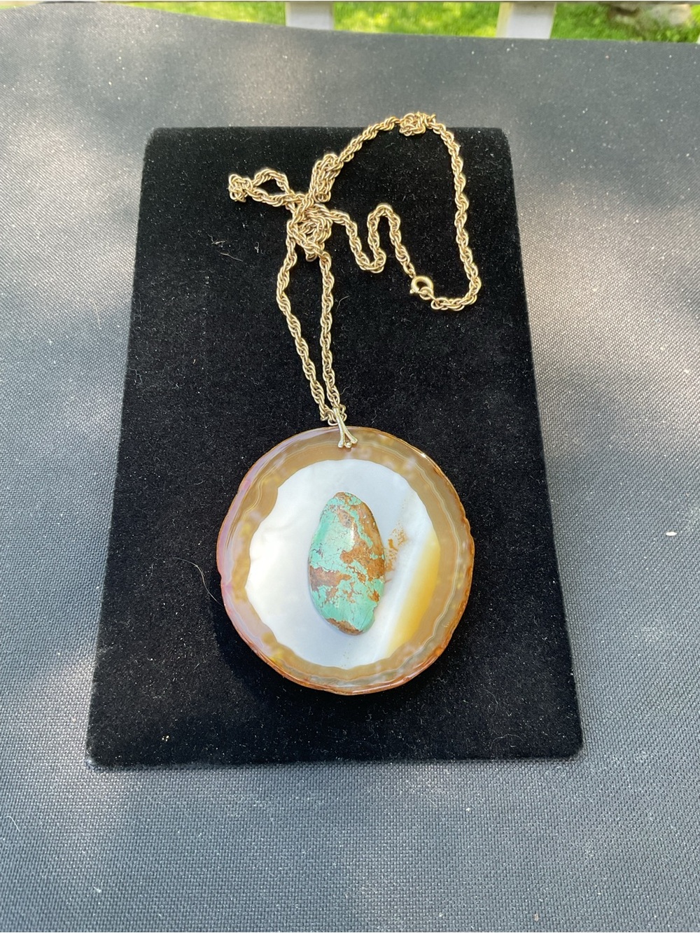 Vintage 2 Sided Agate Slice Pendant Necklace w/ Turquoise & white tree